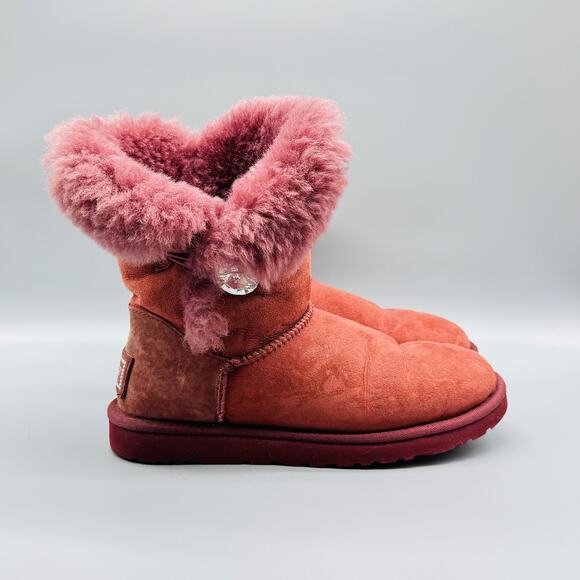 UGG Boots Womens 8 Pink Rose Crystal Bailey Button Shearling Suede Winter Fur - Picture 1 of 9